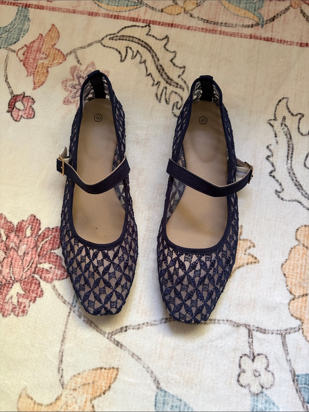 Navy Lace Mary Jane Flats with Adjustable Strap - Women's